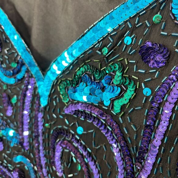 VTG Lawrence Kazar Sequin Top 3X Silk Blue Green Peacock Beads 80s Disco Evening - Picture 7 of 16